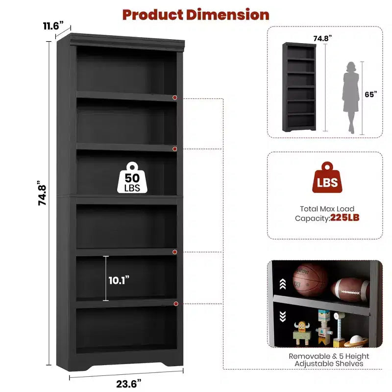 75 Farmhouse Tall Bookshelf, 6 Tier Open Bookcase with Adjustable Shelves, Anti-Tip Freestanding Display Storage Organizer for Home Office & Room