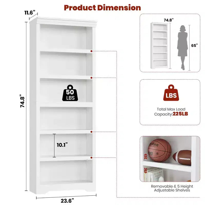 75 Farmhouse Tall Bookshelf, 6 Tier Open Bookcase with Adjustable Shelves, Anti-Tip Freestanding Display Storage Organizer for Home Office & Room