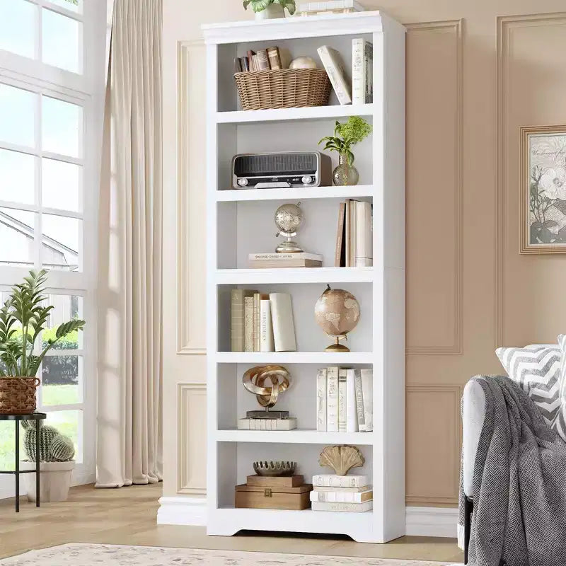 75 Farmhouse Tall Bookshelf, 6 Tier Open Bookcase with Adjustable Shelves, Anti-Tip Freestanding Display Storage Organizer for Home Office & Room