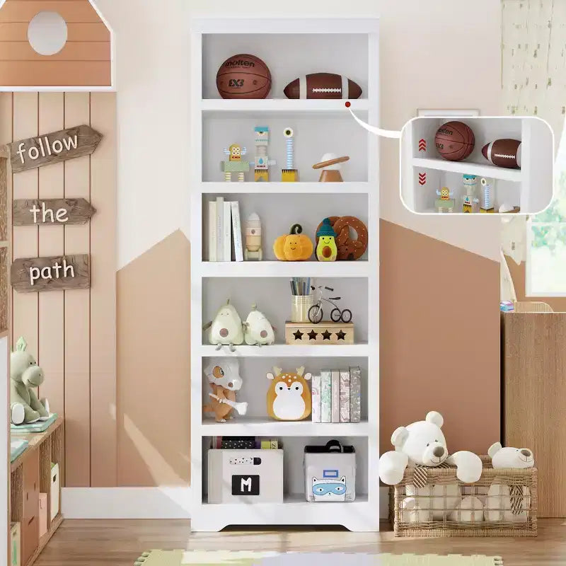 75 Farmhouse Tall Bookshelf, 6 Tier Open Bookcase with Adjustable Shelves, Anti-Tip Freestanding Display Storage Organizer for Home Office & Room