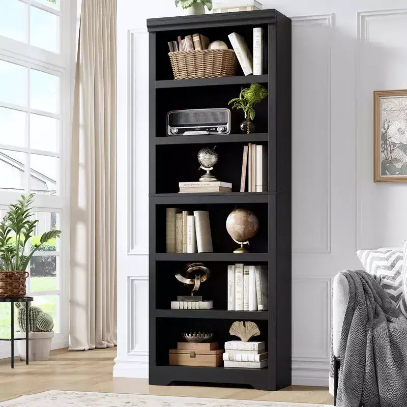 75 Farmhouse Tall Bookshelf, 6 Tier Open Bookcase with Adjustable Shelves, Anti-Tip Freestanding Display Storage Organizer for Home Office & Room