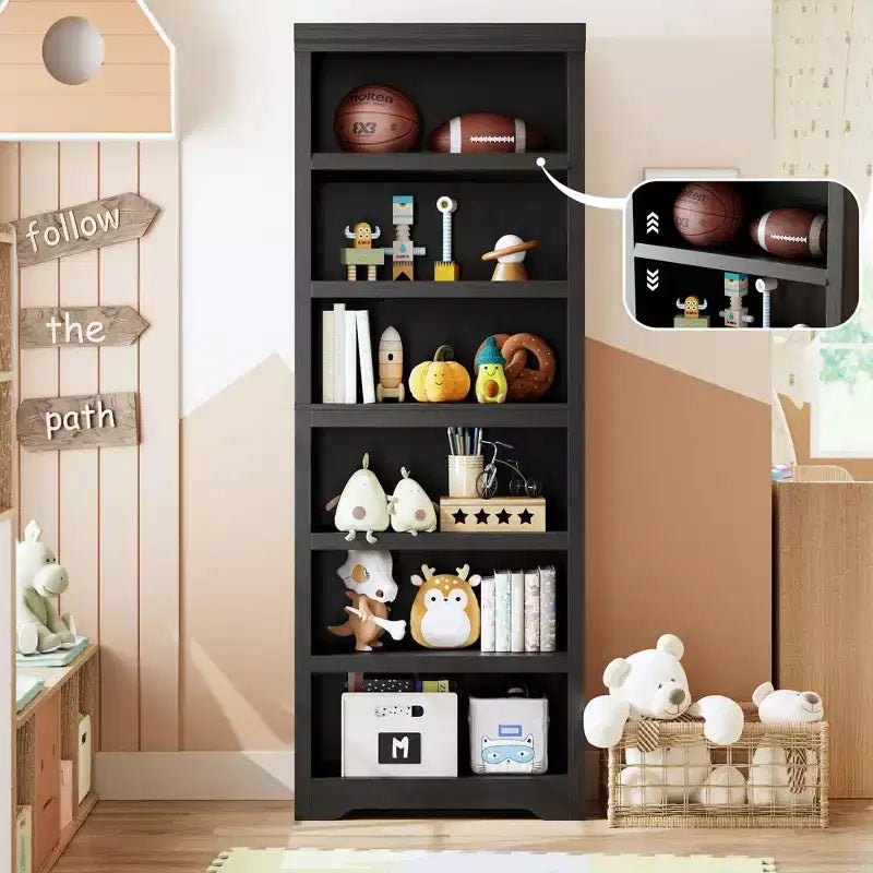 75 Farmhouse Tall Bookshelf, 6 Tier Open Bookcase with Adjustable Shelves, Anti-Tip Freestanding Display Storage Organizer for Home Office & Room