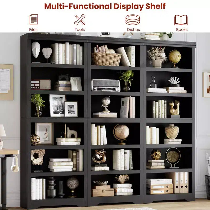 75 Farmhouse Tall Bookshelf, 6 Tier Open Bookcase with Adjustable Shelves, Anti-Tip Freestanding Display Storage Organizer for Home Office & Room