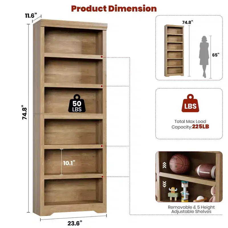 75 Farmhouse Tall Bookshelf, 6 Tier Open Bookcase with Adjustable Shelves, Anti-Tip Freestanding Display Storage Organizer for Home Office & Room