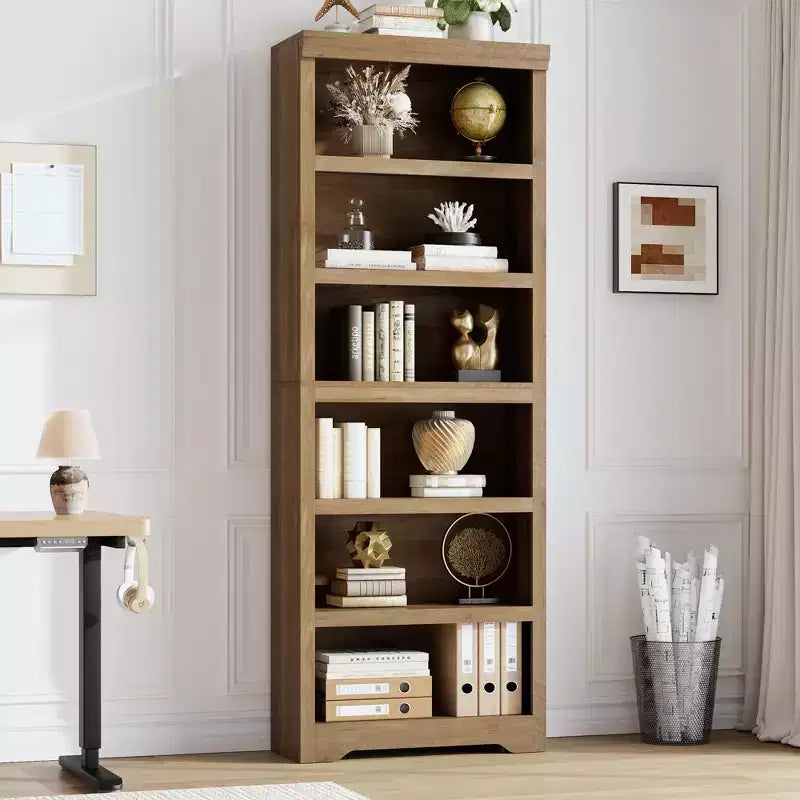 75 Farmhouse Tall Bookshelf, 6 Tier Open Bookcase with Adjustable Shelves, Anti-Tip Freestanding Display Storage Organizer for Home Office & Room