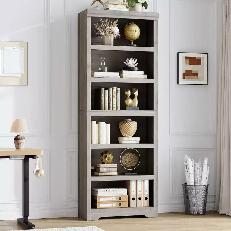 75 Farmhouse Tall Bookshelf, 6 Tier Open Bookcase with Adjustable Shelves, Anti-Tip Freestanding Display Storage Organizer for Home Office & Room