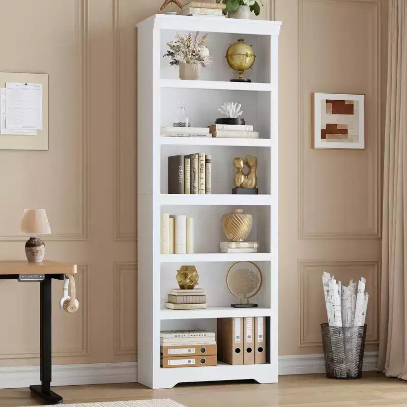 75 Farmhouse Tall Bookshelf, 6 Tier Open Bookcase with Adjustable Shelves, Anti-Tip Freestanding Display Storage Organizer for Home Office & Room
