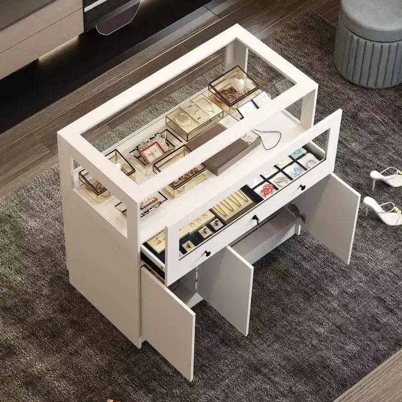 White Jewelry Armoire with Locking Glass Display Cabinet, Modern Freestanding Storage Organizer for Bedroom, Kitchen and Living Room