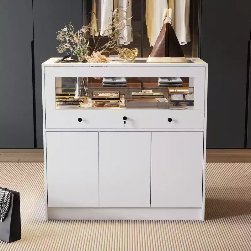 White Jewelry Armoire with Locking Glass Display Cabinet, Modern Freestanding Storage Organizer for Bedroom, Kitchen and Living Room