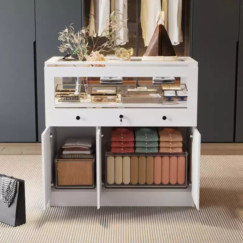 White Jewelry Armoire with Locking Glass Display Cabinet, Modern Freestanding Storage Organizer for Bedroom, Kitchen and Living Room