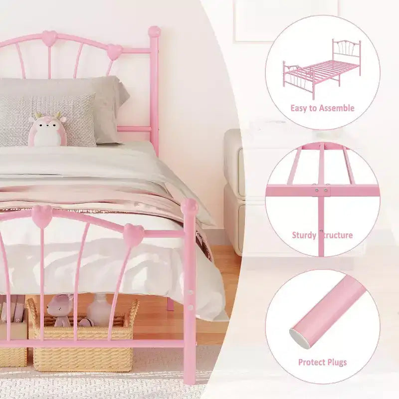 Twin Size Bed Frame with Iron-Art Sweet Heart Headboard & Footboard