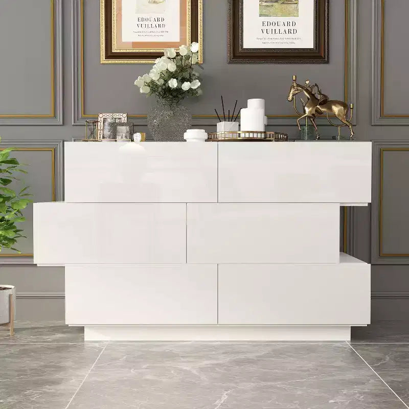 Glossy Chest of Drawers Polished 6 Drawer Dresser Modern & Contemporary Style White
