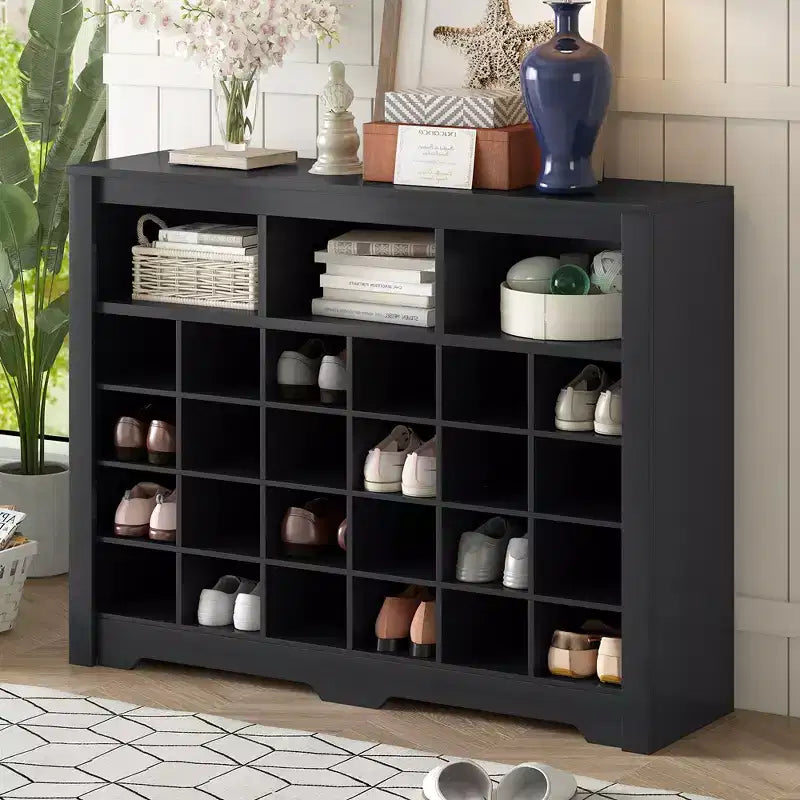 Shoe Rack with Curved Base Large Capacity Free Standing Shoe Cabinet with 24 Compartments Wooden Organizer for Entryway Bedroom Living Room